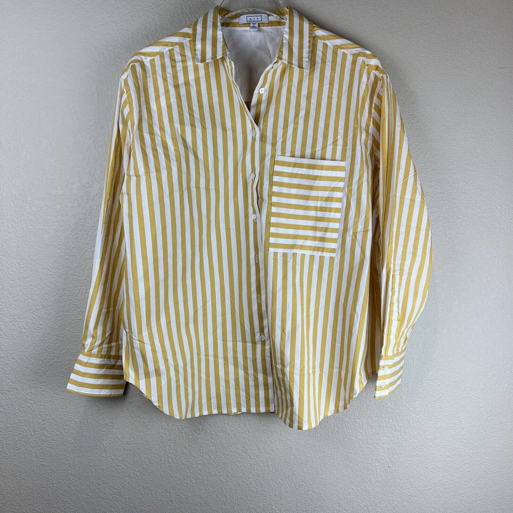 Ayr Shirt Women Medium Deep End Stripe Button Down Long Sleeve Preppy Yellow